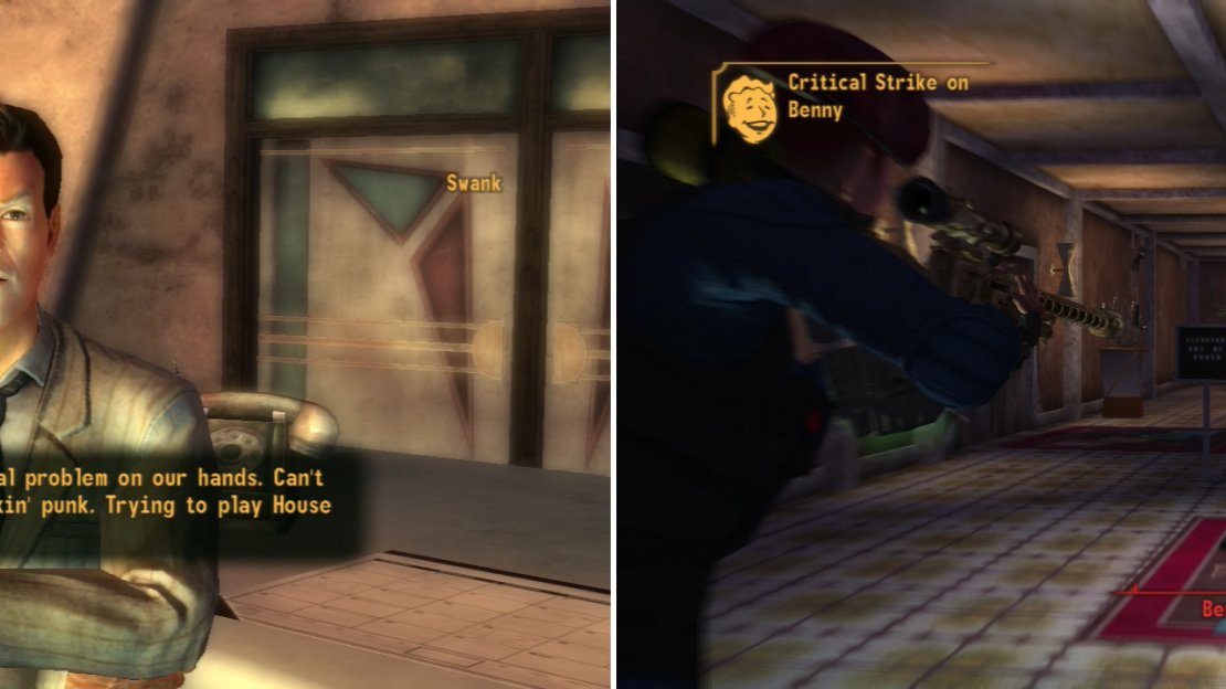 Show Swank evidence you’ve collected against Benny and he’ll help you deal with his fink of a boss (left). If you get Swank’s help you’ll get your weapons back, which you can use to kill Benny without interference from the majority of the Chairmen (right).