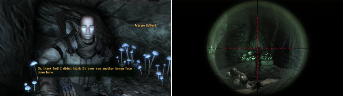 Private Halford is the lone NCR survivor from Camp Guardian (left). Kill the Lakelurks throughout the caves, including the Lakelurk King (right).