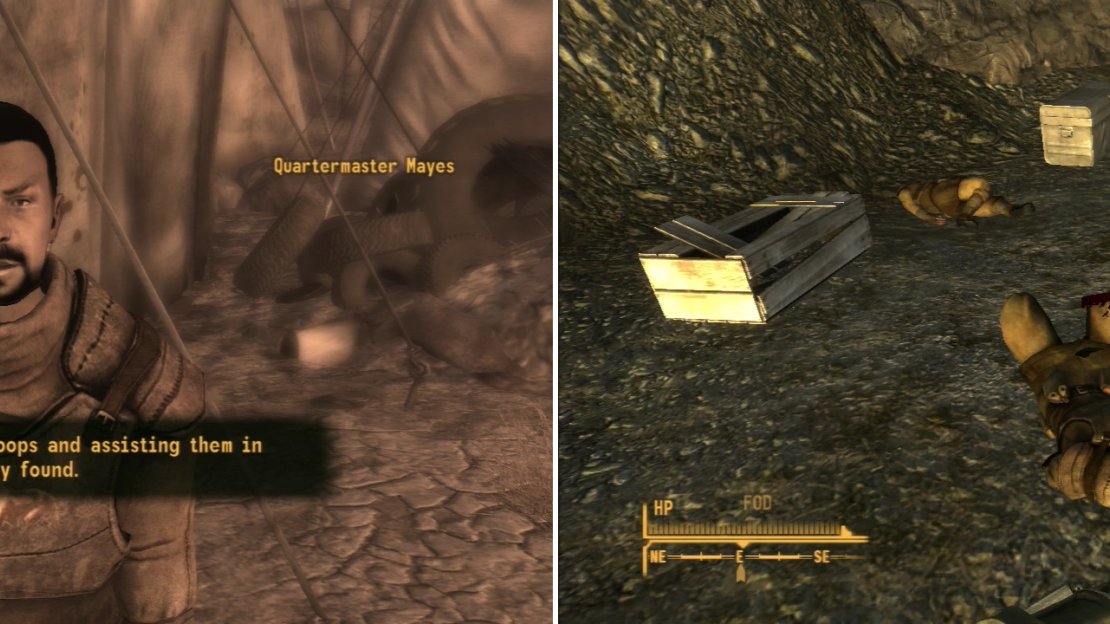 Talk to Quartermaster Mayes to learn about a wayward shipment of supplies that Camp Forlorn Hope desperately needs (left). After visiting HELIOS One, find the supplies - and the missing patrol - in the Mojave, victims of a Legion raid (right).