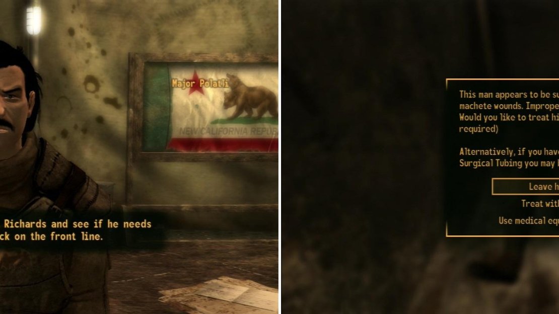 After helping out Quartermaster Mayes, return to Major Polatli and he’ll refer you to Dr. Richards, who needs some help tending to the wounded (left). Performing a series of Medicine checks on the three injured soldiers should ease the doctor’s workload… one way or another (right).