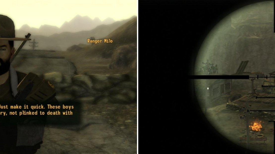 Agree to help Ranger Milo deal with some capture NCR Troopers (left), and by deal with, he means “mercy killing”, a task at which Ratslayer excels (right).