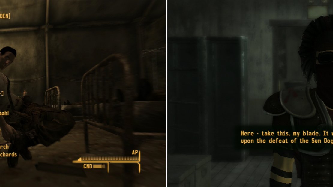 Sneak around Camp Forlorn Hope and murder all the important figures (left), then return to Dead Sea for your reward (right).
