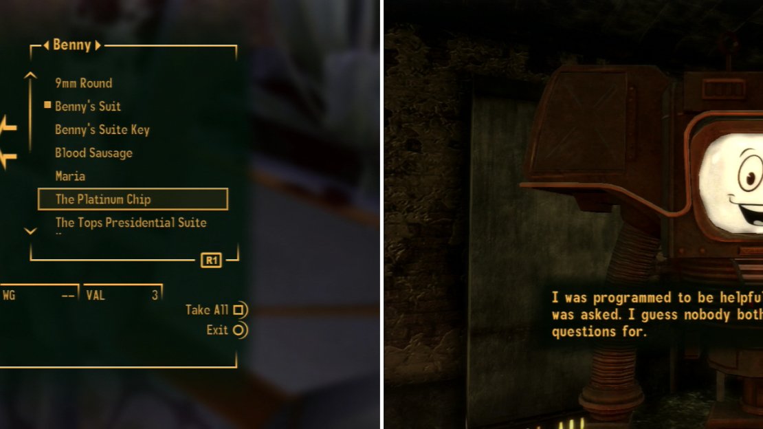 If you kill Benny, make sure to grab The Platinum Chip off of him (left) and regardless of whether you get The Platinum Chip or not, talk to Yes Man (right).