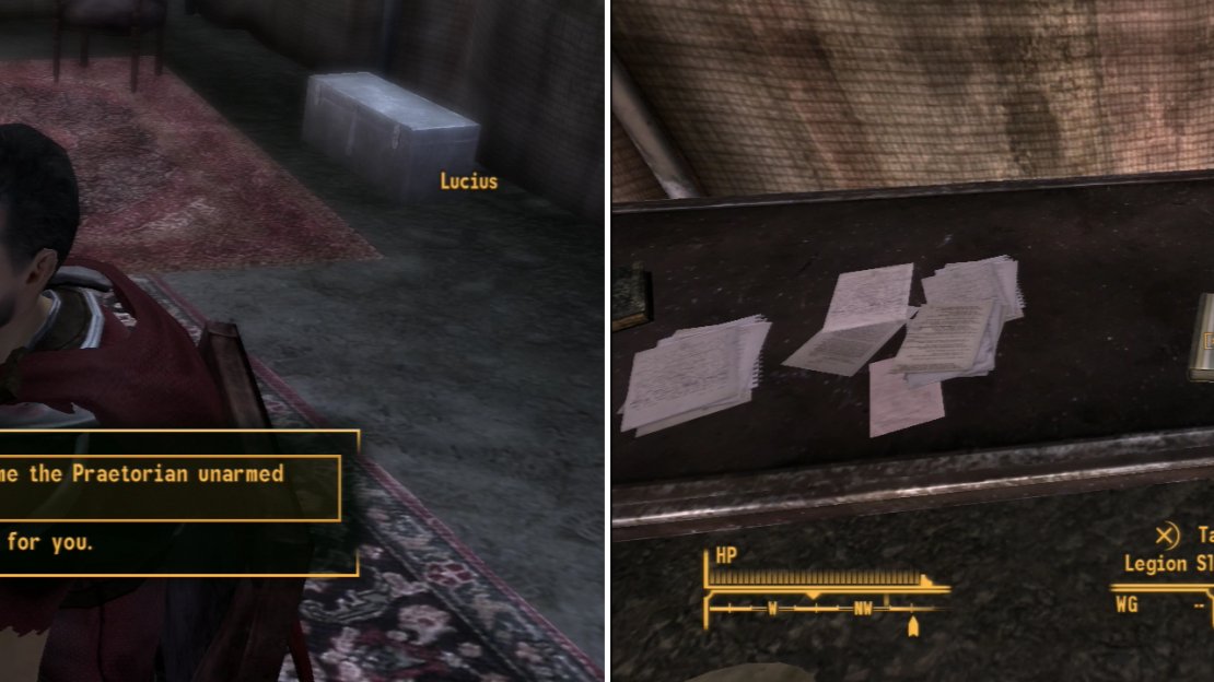 If your Fame with the Legion is high, Lucius will teach you the Legion Takedown unarmed attack (left). Be sure to grab the Legion Slave Ledger from inside Caesar’s Tent complex before you leave (right).