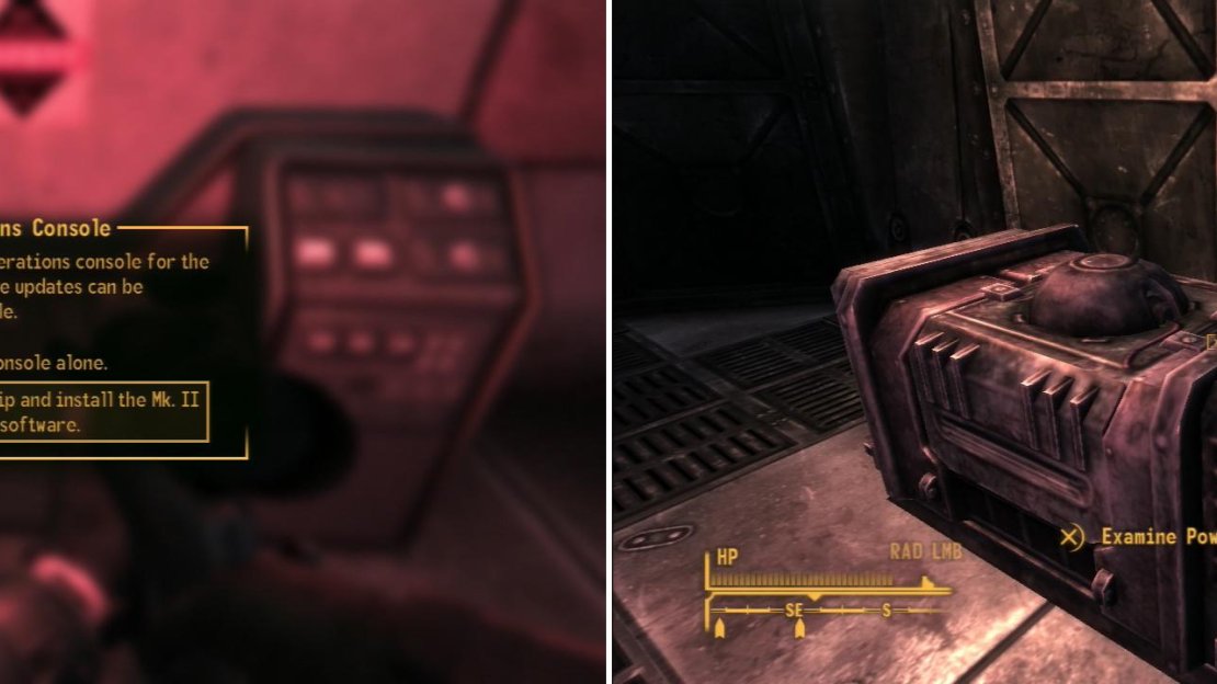 If you want to activate the Securitron army under Fortification Hill, insert the Platinum Chip into the Securitron Operations Console (left). Alternatively, to destroy the bunker, destroy each of the three Power Regulators (right).