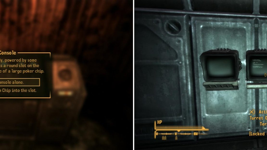 Use The Platinum Chip to gain access to Mr. House’s bunker under Fortification Hill (left). You’ll make your life a lot easier if you hack some terminals and disable the security in the bunker (right).