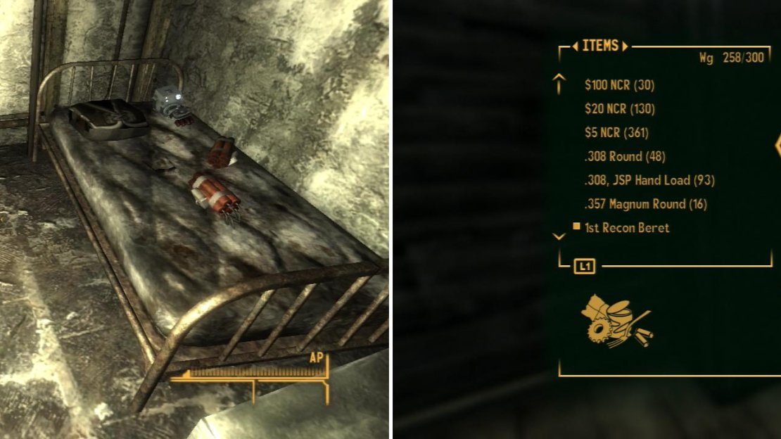 You can score some choice loot if you get the Caesar’s Legion Safehouse Key (left). Obtain a Howitzer Firing Mechanism for Lucius by looting a Gun Cabinet in the Nellis Workshop building (right).