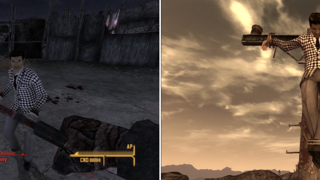 After you do Caesar’s will in the bunker below Fortification Hill, you can deal with Benny however you please. Fighting him fairly in the arena is a fair, gratifying way to get revenge (left), but you can also choose to have him crucified, for a more sadistic, vindictive Courier (right).