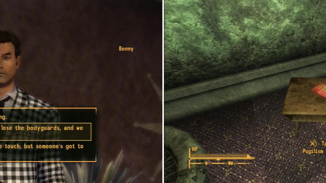Confront Benny and, unless you have the Black Widow perk, you’ll probably end up lured to the Presidential Suite, either alone or with Benny (left). Here you can find a copy of Pugilism Illustrated (right).