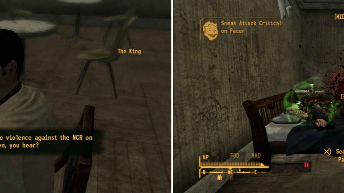The easiest way to get The Kings to stop the violence is the cash in the favor you may have earned at the end of the quest G.I. Blues (left). Another qucky solution is to simply kill Pacer with an Energy Weapon (right).