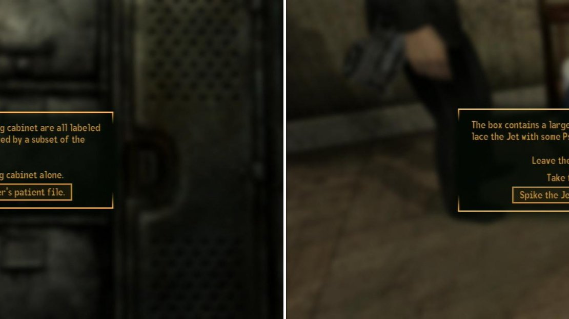If you want to be sneakier, however, find Pacer’s patient file from a Cabinet in the Old Mormon Fort (left) then spike his Jet supply with some Psycho (right).