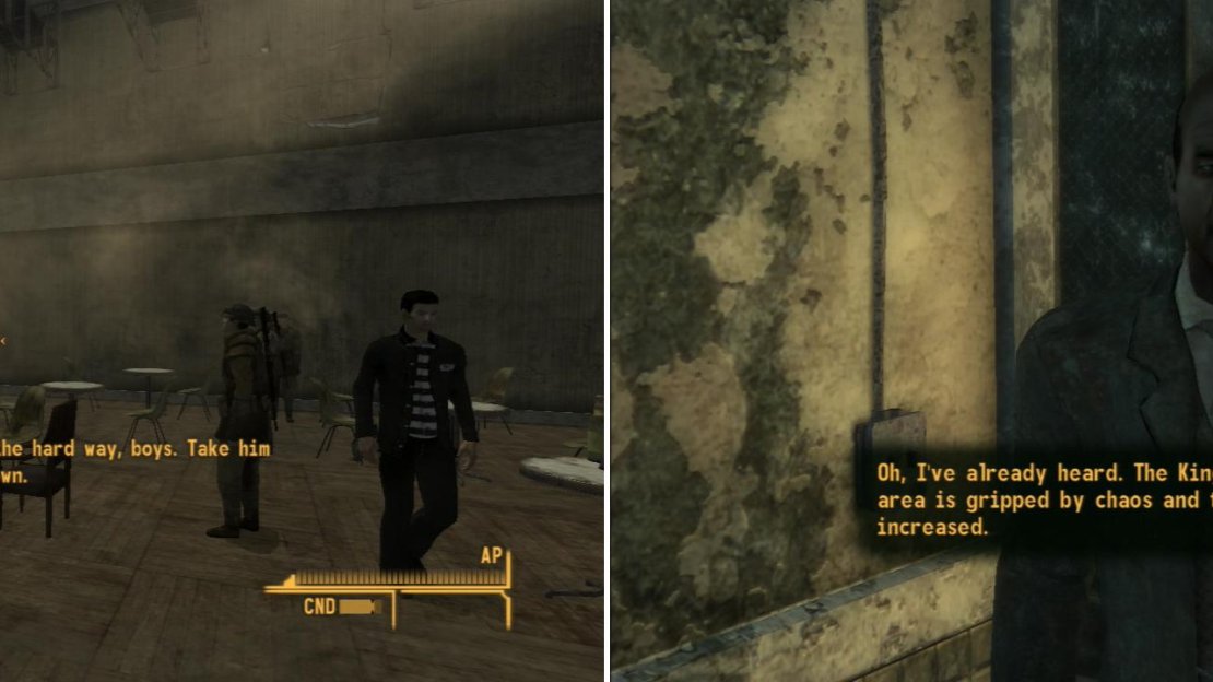 If you bring NCR Troopers into Freeside, violence is inevitable (left). If you botch the situation with The Kings, Ambassador Crocker will not be pleased (right).