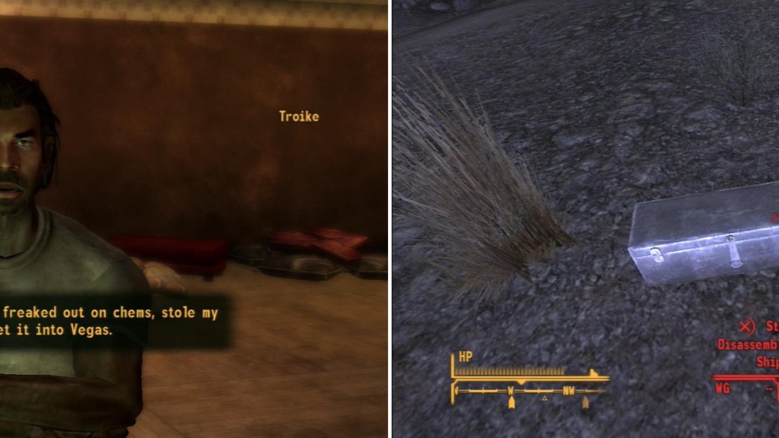 Talk to Troike and learn that his latest weapons shipment has been stolent (left). You can find the shipment - and the Fiends responsible for stealing it - west of the Sunset Sarsaparilla Headquarters (right).