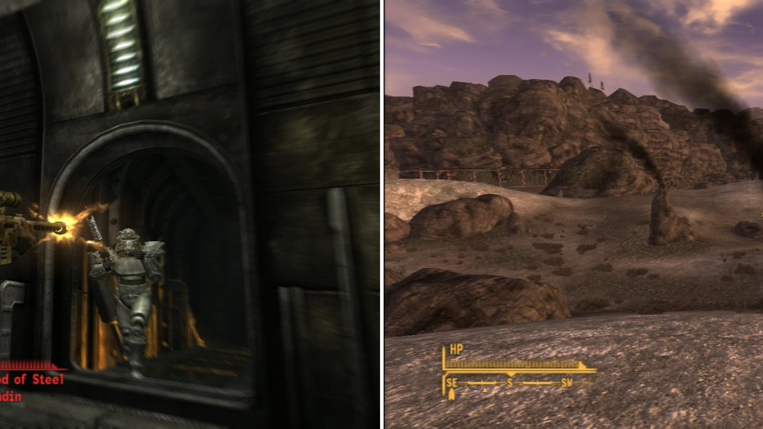 If you can’t be bothered to activate the self destruct mechanism (why waste a perfectly good bunker?) you can just murder all the Brotherhood of Steel members (left). The black plumes signal the destruction of the Hidden Valley bunker (right).