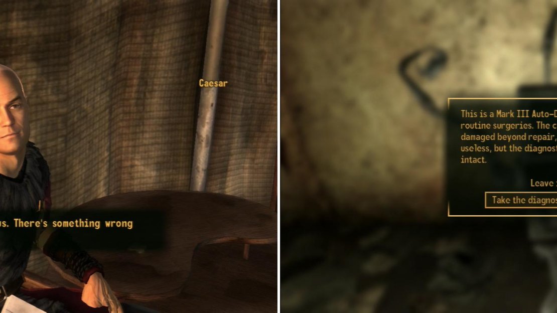 After dealing with many of Caesar’s requests, he’ll admit the obvious; he is unwell (left). You can either attempt the surgery Caesar needs yourself, or salvage the diagnostic scanning unit from the intact Auto-Doc in Vault 34 (right)