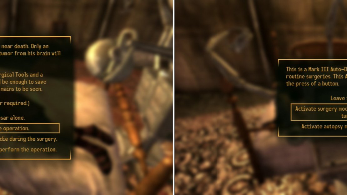 Either perform the surgery yourself, succeeding with a lot of Luck or Medicine skill (left) or use the repaired Auto-Doc to do it for you (right). Either way, you have the option to intentionally botch the surgery to kill Caesar.