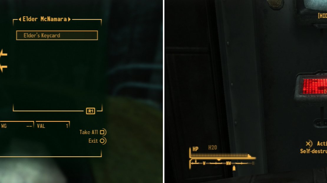 Steal each of the three Keycards you need to generate a self-destruct password (left). Then, with the password handy, activate the self-destruct terminal and put an end to the Mojave chapter of the Brotherhood of Steel (right).