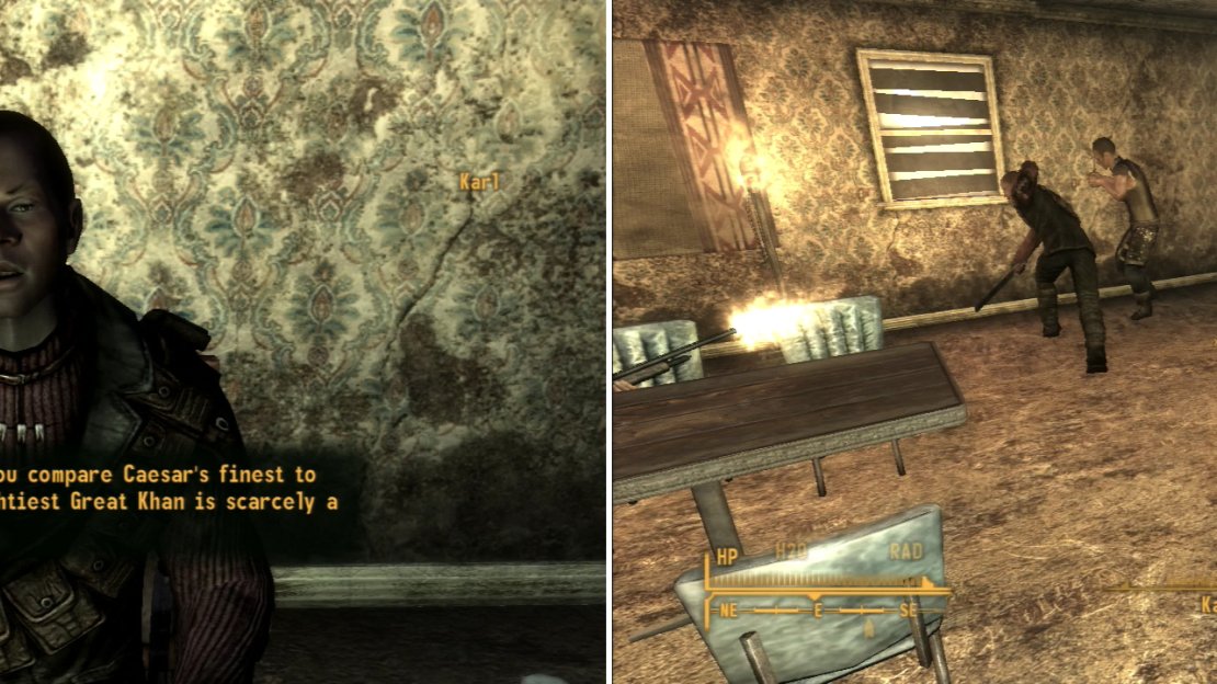 Expose Karl by showing his journal to Papa Khan, or by tricking him into revealing his true, anti-Khan sentiments (left). Afterwards, the Khans will take care of Karl in their own, heavy-handed way (right).