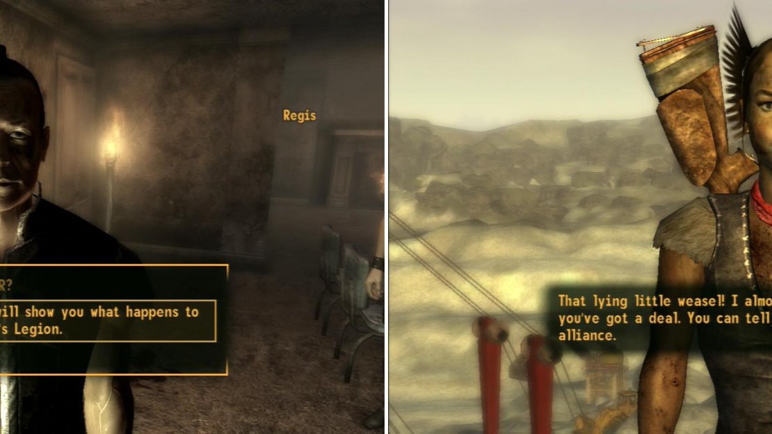 Show the Legion Slave Ledger to Regis (left) and convince the rest of Papa Khan’s trusted Khans to back out of an alliance with Caesar’s Legion (right).