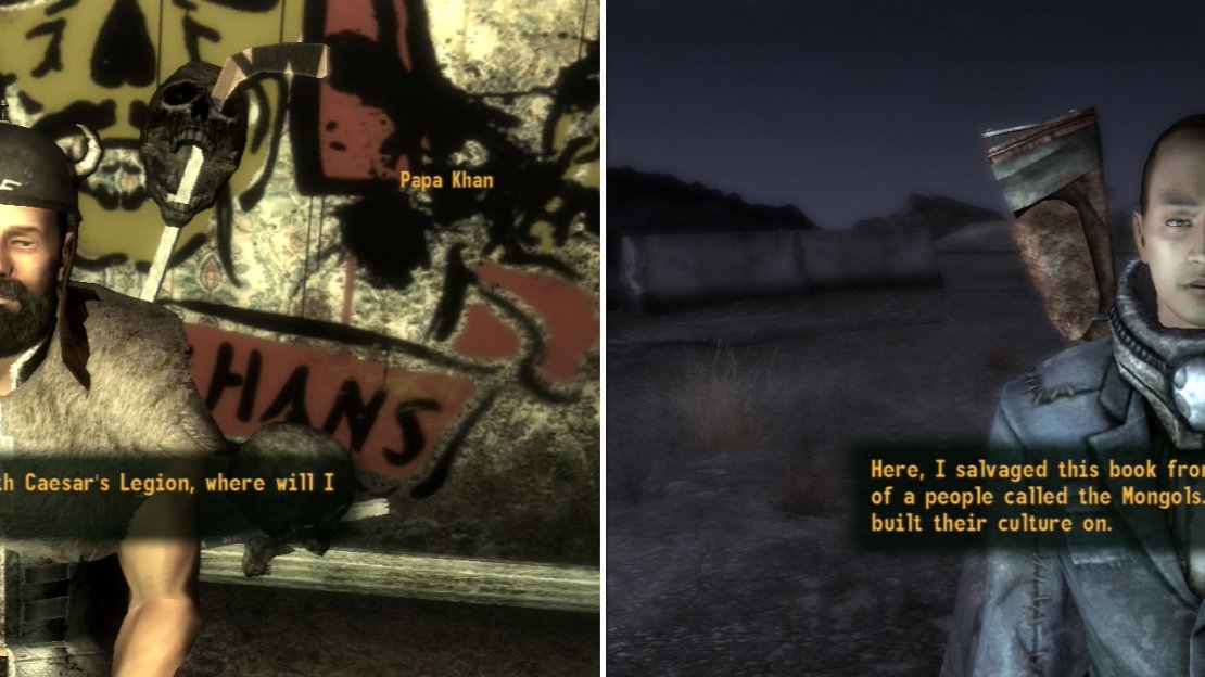 After the alliance has been broken, Papa Khan will need some new direction for the Great Khans (left). If you can’t pass the Speech checks required, you can always get some help from the Followers of the Apocalypse (right).