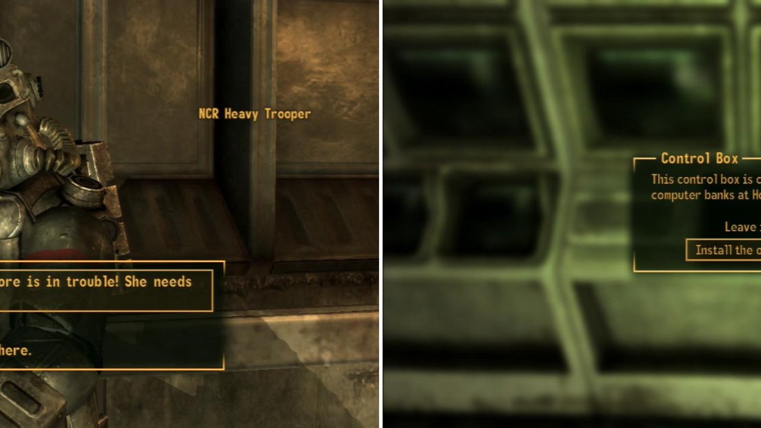 Use force or trickery to get past the NCR Heavy Troopers outside the control room (left) then install the Override Chip into the mainframe at the Hoover Dam, as Mr. House request (right).