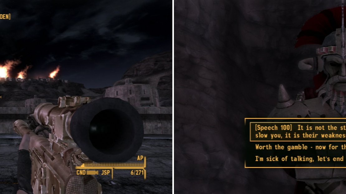 The flames rising from Caesar’s camp on Fortification Hill signify the arrival - and efficacy - of Mr. House’s Securitron army (left). You can get rid of Legate Lanius through force, or diplomacy (right).