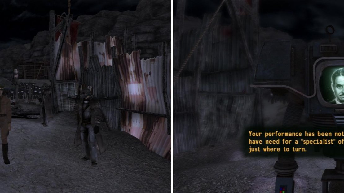 General Oliver’s tiresome speech is cut short by the arrival of Mr. House’s Securitron army (left). After either using some careful diplomacy or a few bullets to get rid of the NCR, Mr. House will congratulate you on your victory (right).