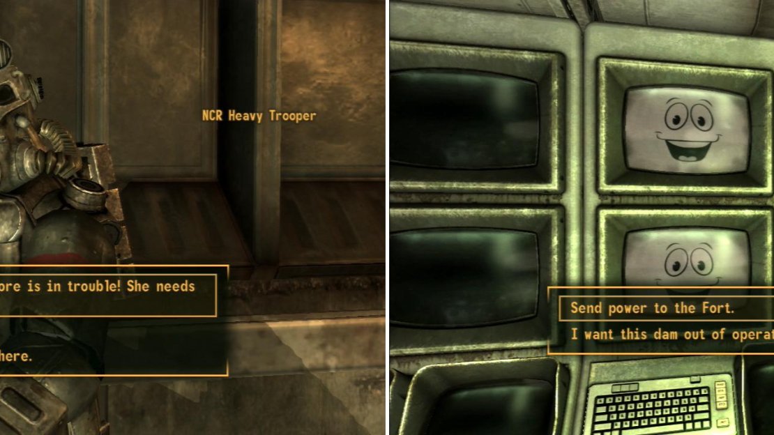 You can get past the NCR Heavy Troopers guarding the control room with a ruse, or with violence (left). Once inside, make your decision; do you awaken your Securitron army, or do you sabotage the Hoover Dam? (right)