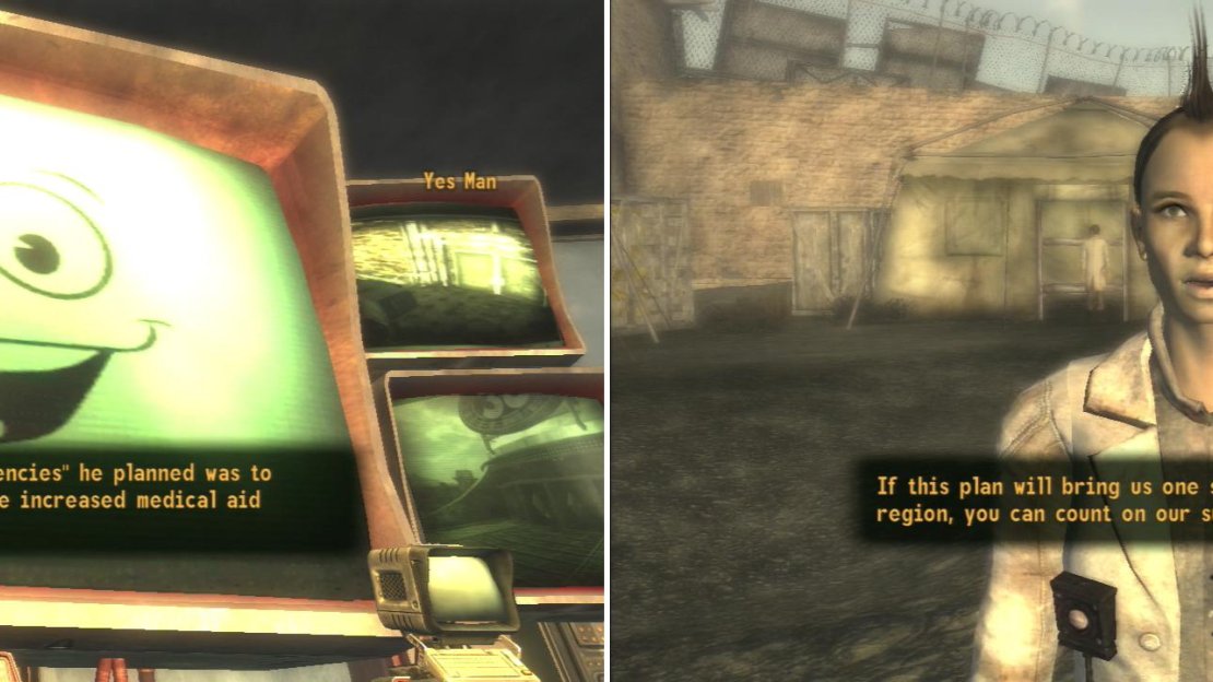 After installing the Override Chip at the El Dorado Substation you can get some advice from Yes Man about how to keep Freeside calm during the upcoming battle (left). Convince Julie Farkas to get the Followers of the Apolcalypse to help keep things quiet while you’re at the Hoover Dam (right).