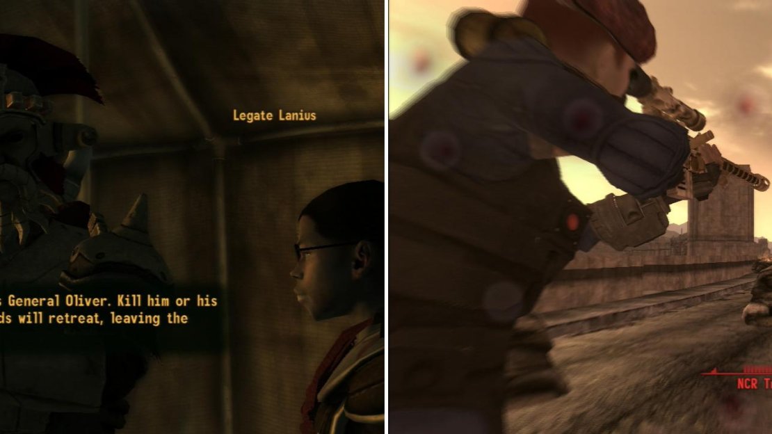 Upon arrival at the Legate’s Camp, you’ll be given your orders from Legate Lanius; kill or discourage NCR’s General Oliver (left). The NCR Troopers you’ll encounter on the dam are better armed than the ones in the Mojave (right).