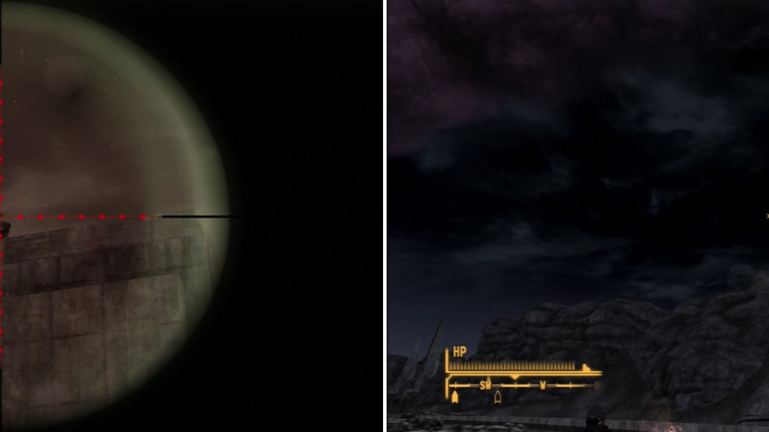 Counter-snipe the NCR Rangers in the towers on the eastern side of the dam (left) then witness the power of the Legion’s Howitzer… if you repaired it during the quest I Can Hear You Knocking (right).