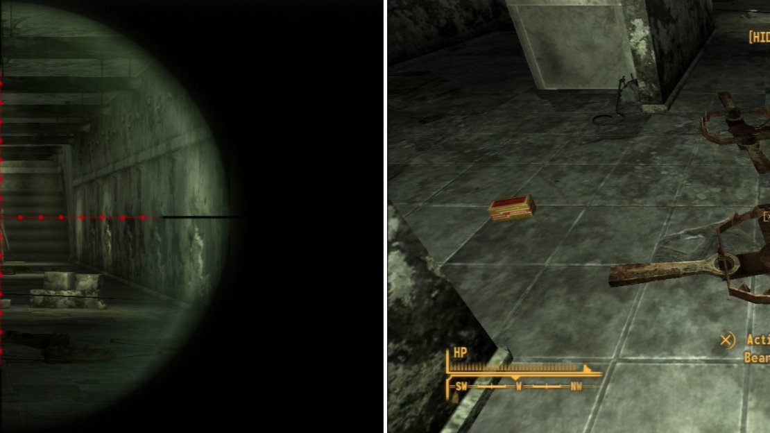 Snipe or be sniped; one of the Veteran Rangers on this level has an Anti-Material Rifle, and they’re not afraid to stay on the other side of the room, behind their traps, and use it (left). Once the two Rangers are dead, disarm their myriad traps to make it through this room (right).
