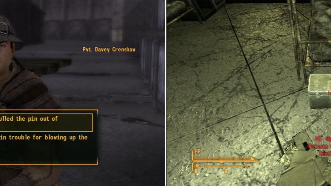 You can outright kill Private Crenshaw, if you’re quiet, but it’s more fun to play a little prank on him, instead (left). Once Private Crenshaw is out of the way, plant the evidence from the Garbage Can in his Footlocker to frame him (right).