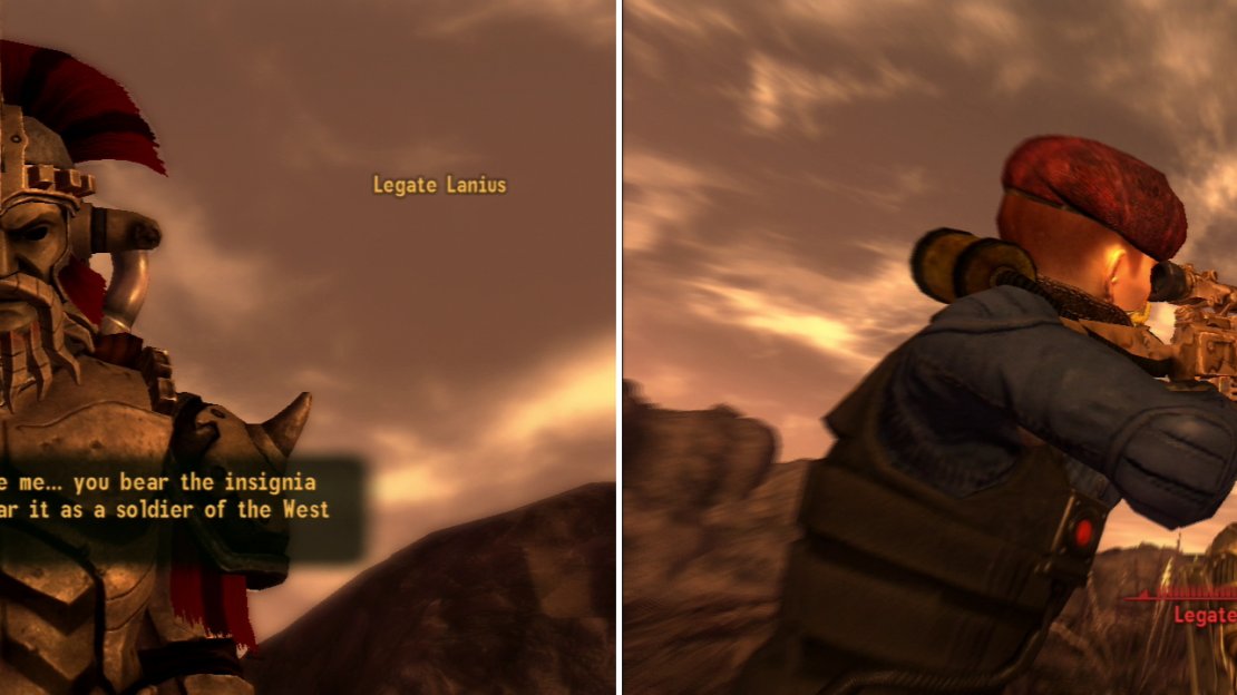 Confront the Legate Lanius in his camp and either convince him to withdraw (left) or defeat him in combat (right). Once he falls, the Mojave has been won for the NCR.