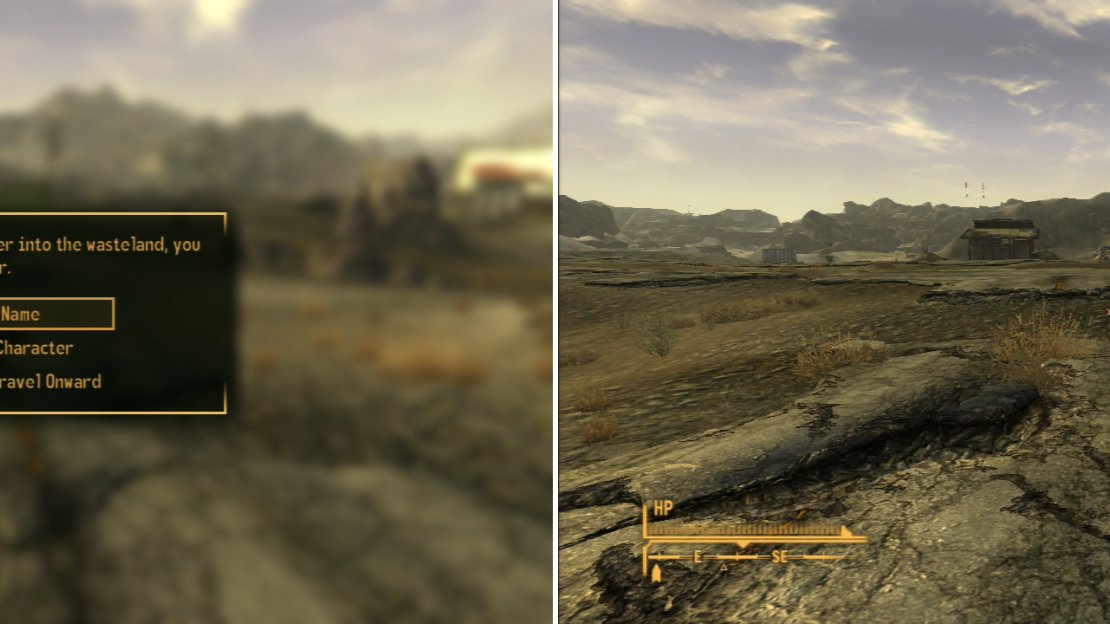 As you’re about to leave Goodsprings, you’ll get one final chance to modify your character (left). Once done, follow the road out of Goodsprings to reach the highway (right).