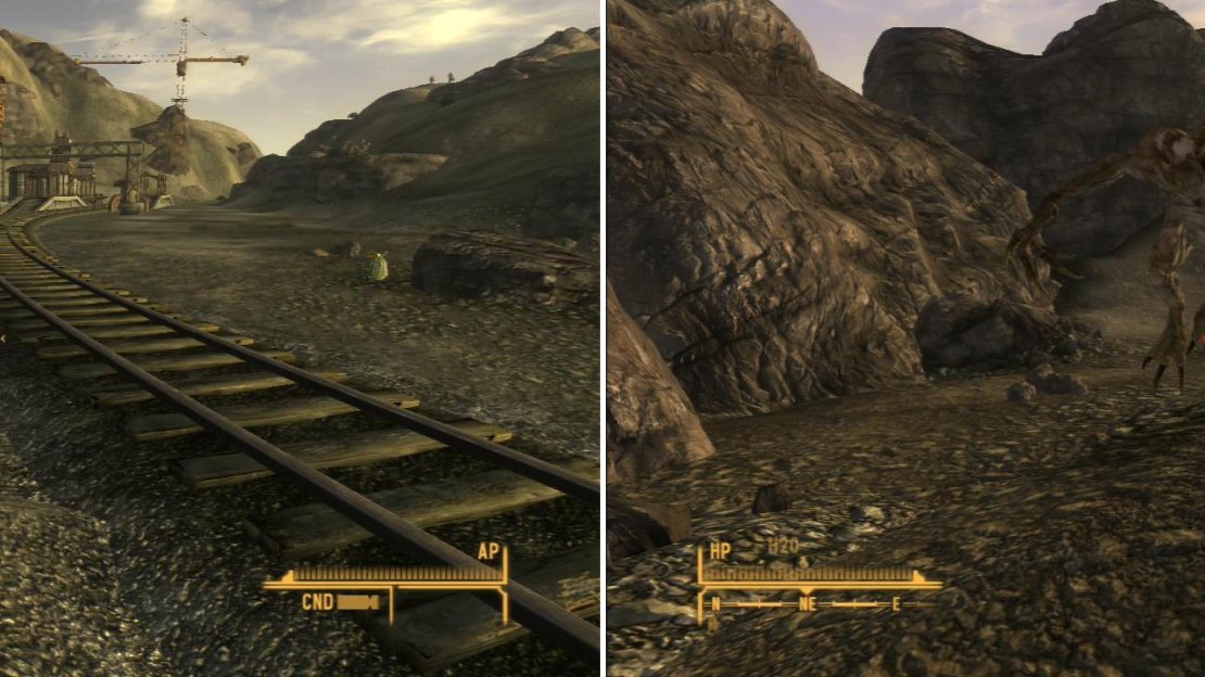 Follow the train tracks to - and past - the Emergency Service Railyard (left). Avoid Primm Pass, however, as it’s guarded by a vicious Blind Deathclaw (right).