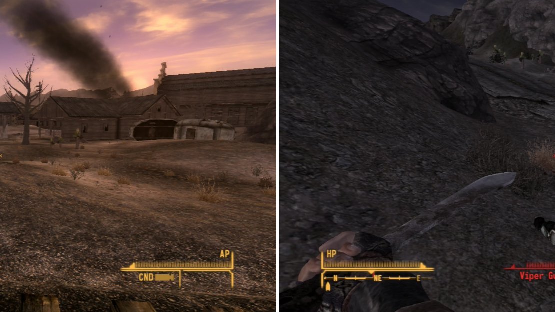 You can spot the town of Nipton west of the track tracks. Note the distinctive… ah… ominous plumes of smoke rising from the settlement (left). Avoid the road east, as it’s guarded by a group of Viper Gangers (right).