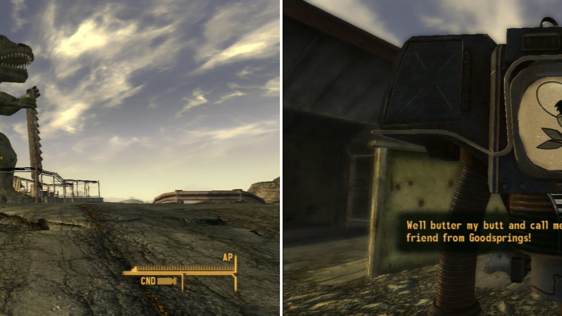 The big green dinosaur marks the location of Novac (left). If you visit Novac and talked to Victor back in Goodsprings, he’ll be here waiting for you (right). What a… coincidence…