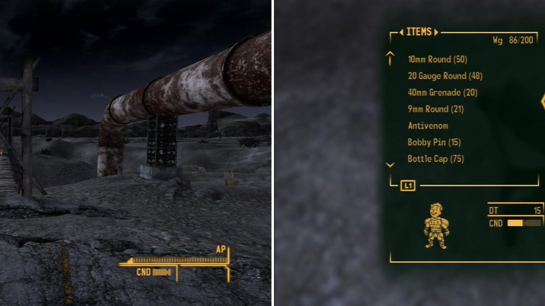 Follow the road north from The 188 Trading Post and cross a bridge to find Durable Dunn’s Sacked Caravan (left). Here you can scavange some valuable suits of Combat Armor from some corpses (right).
