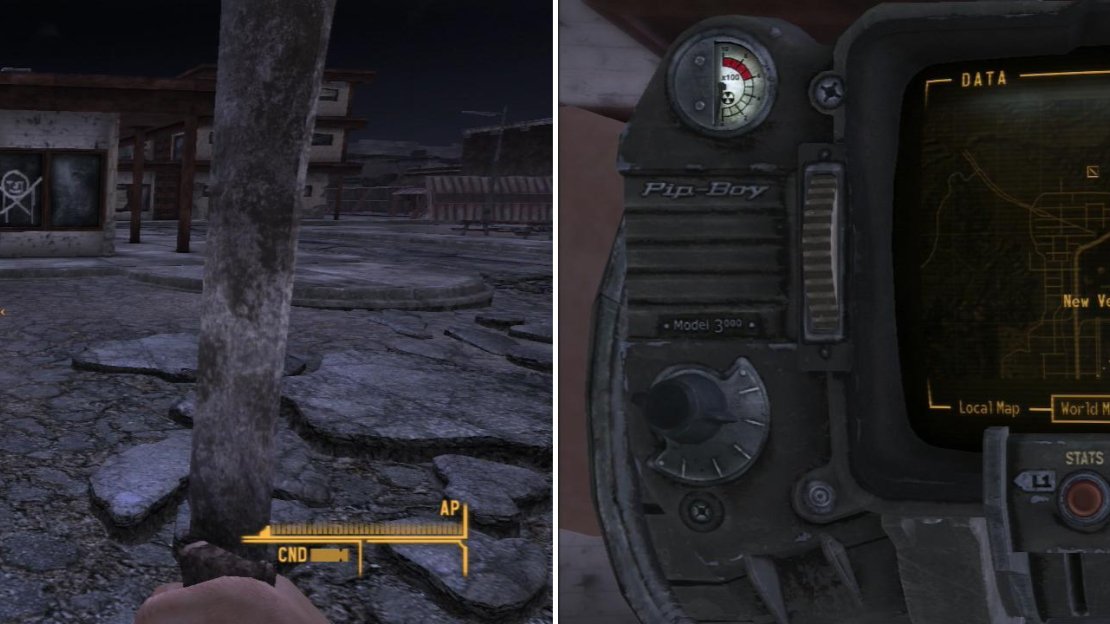 Pass through the New Vegas outskirts to finally reach your destination; the New Vegas Medical Clinic (left). Note its location on the Pip-Boy World Map (right).