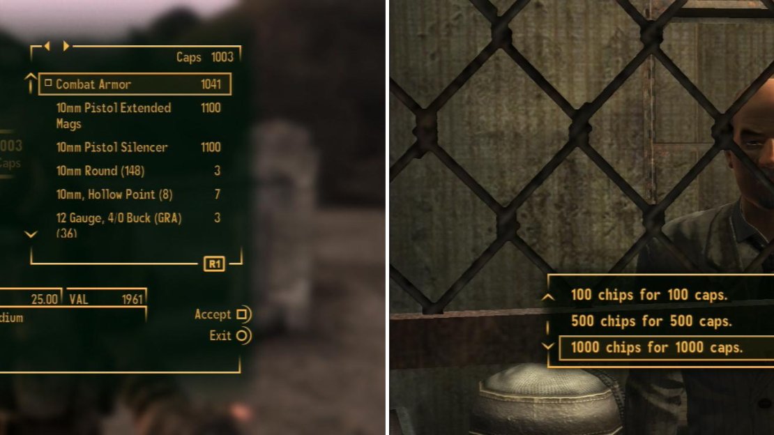 Sell a suit of Combat Armor at The 188 Trading Post (left) which will provide you with the initial Caps you’ll need to fund your gambling (right).