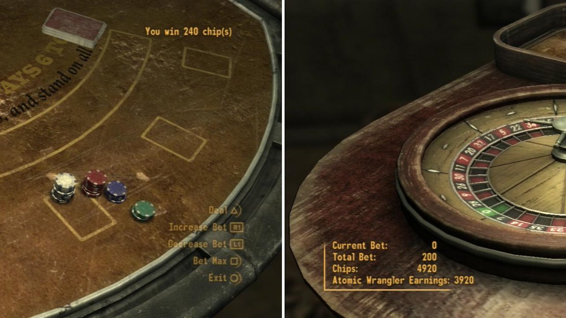 Start out by playing Blackjack to grow your funds (left) and when you near the casino’s winnings cap, break the bank spectacularly by winning at Roulette (right).