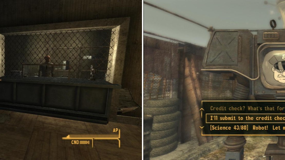 Rob the Atomic Wrangler for all it’s worth (left) then take your mound of Caps to the New Vegas Strip. Your money should be enough to pass the credit check and get you into The Strip (right).