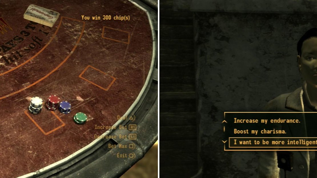 Repeat the process you used to win money at the Atomic Wrangler in Gomorrah and the Ultra-Luxe (left), then spend your winnings buying valuable implant at the New Vegas Medical Clinic (right).