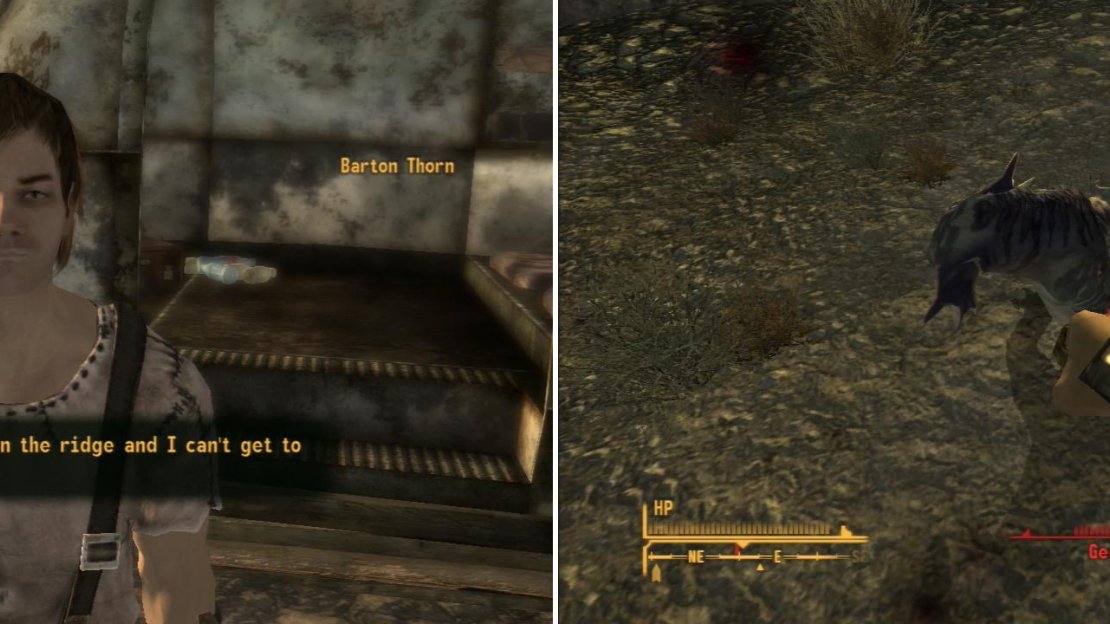Barton Thorn will ask you to help him kill some Geckos near Goodsprings Source and save his girl (left). Kill the Geckos for him, but he may not be entirely up front about his motivations (right).