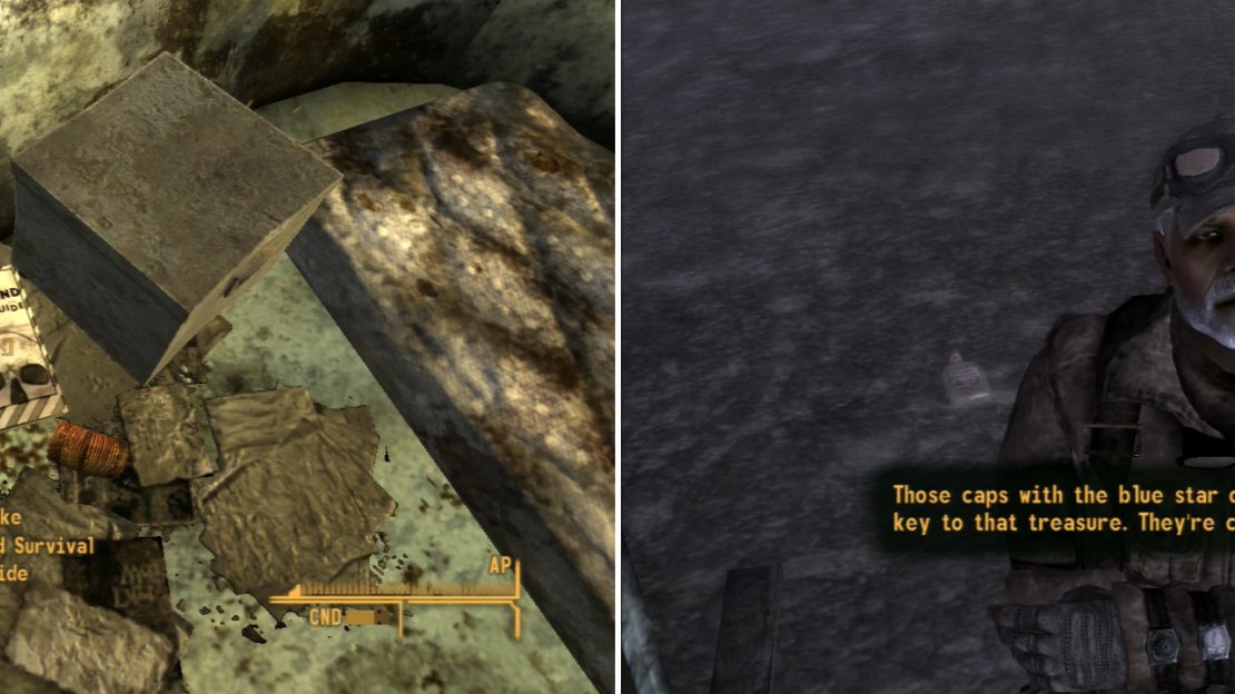 Search the Lone Wolf Radio trailer to find a copy of the Wasteland Survival Guide (left). After collecting some Sunset Sarsaparilla Star Bottle Caps you’ll be approached by Malcolm Holmes, who will warn you about the dangers such trinkets bring (right).
