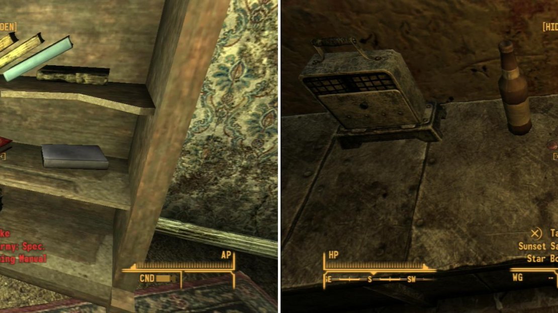 In one of the houses at Goodsprings you can find a Chinese Spec. Ops. Training Manual (left). Other, less notable loot can also be plundered from Goodsprings, too (right).