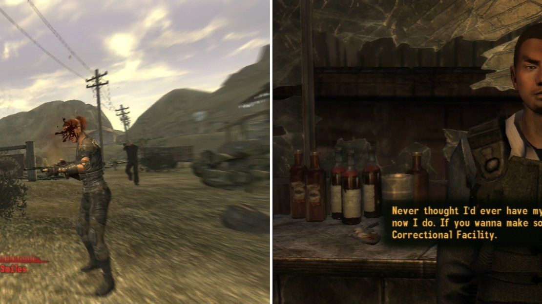 Help the Powder Gangers pacify Goodsprings by killing the townsfolk who attempt to defend it (left). Joe Cobb will set himself up as mayor, using the Prospector Saloon as his base (right).