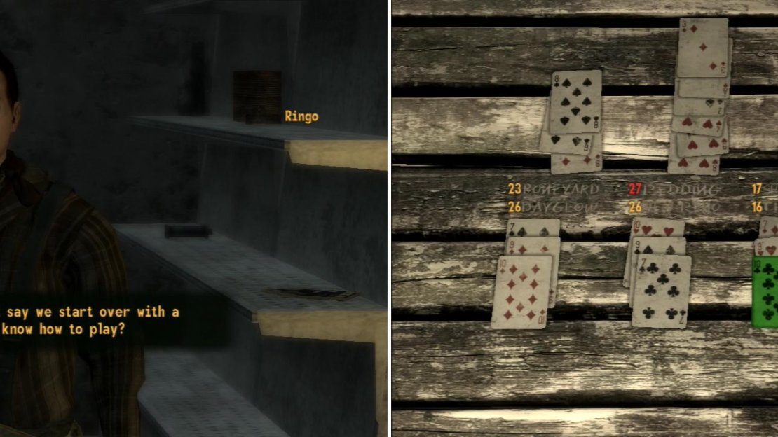 Ringo, understandably jumpy, will threaten you when you enter (left). But cooler heads prevail, and a friendly game of Caravan will smooth things over (right).