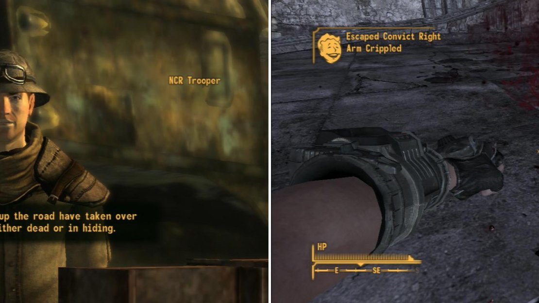 As you approach Primm, an NCR Trooper will stop you and warn you of the dangers within (left). Clear out the Escaped Convicts that hold Primm hostage (right).